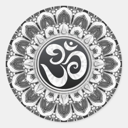 BlackWhite Petals Aum Mandala Art Round Sticker