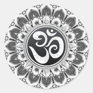 Black+White Petals Aum Mandala Art Round Sticker