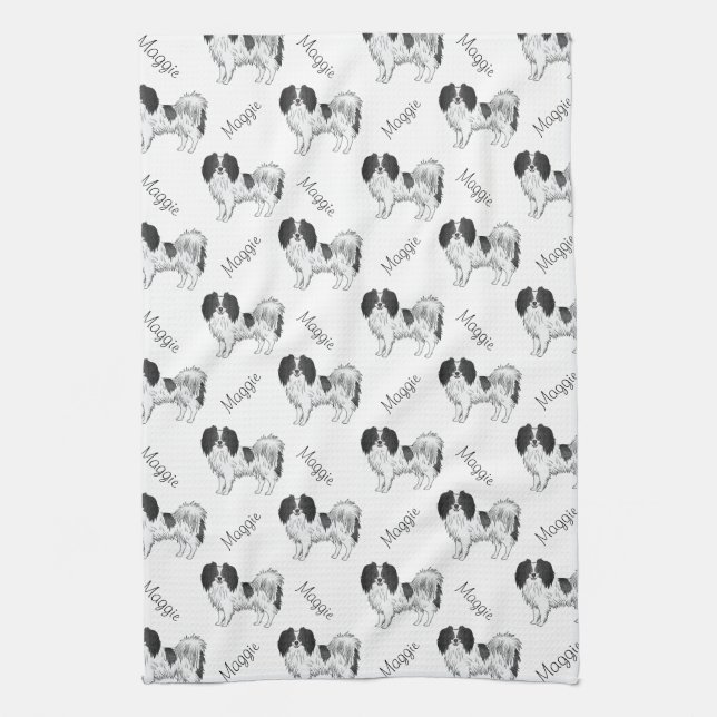 Black White Phalène Dog Pattern With Dog's Name Kitchen Towel (Vertical)