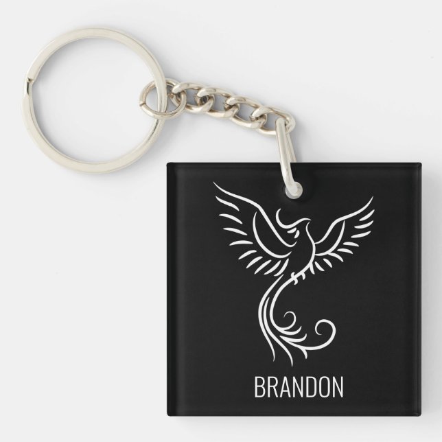 Black White Phoenix Mystical Bird Rise  Keychain (Front)