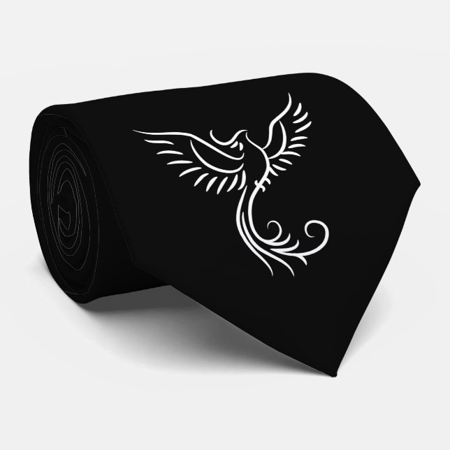 Black White Phoenix Mystical Bird Rise  Neck Tie (Rolled)