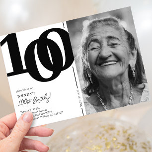 Black White Photo 100th Birthday Party Invitation