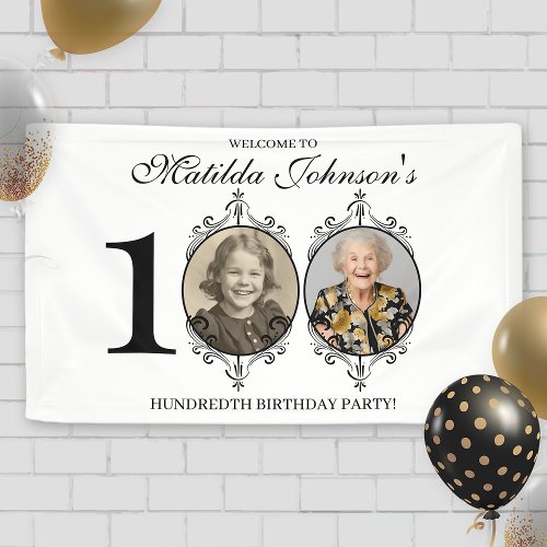 Black White Photo 100th Birthday Party Welcome Banner