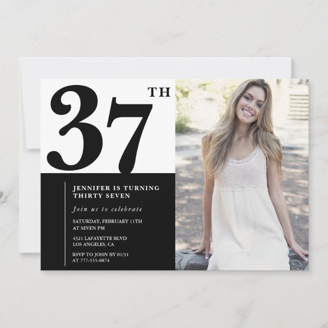 Black White Photo 37th Birthday Invitations (Front)