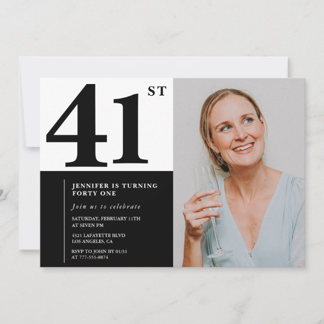 Black White Photo 41st Birthday Invitations (Front)