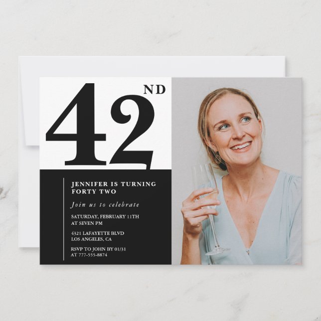 Black White Photo 42nd Birthday Invitations (Front)