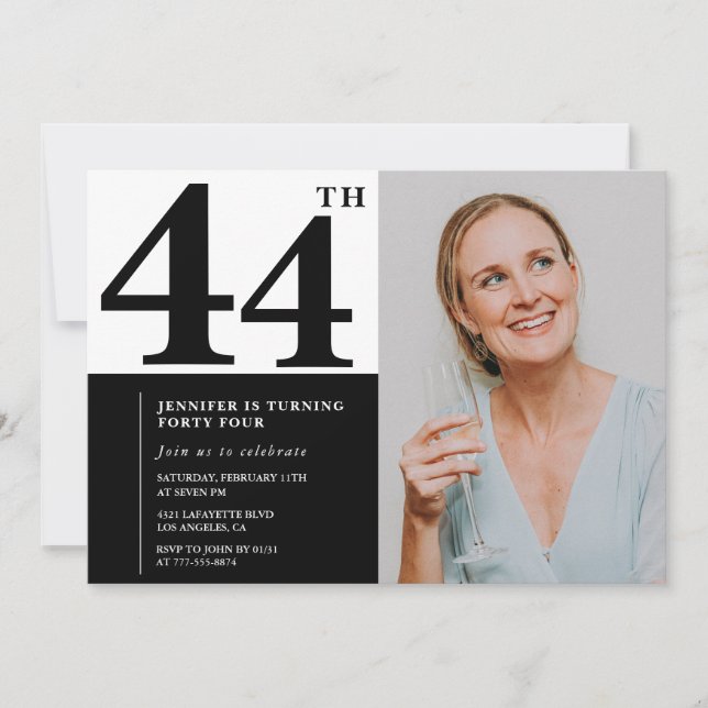 Black White Photo 44th Birthday Invitations (Front)