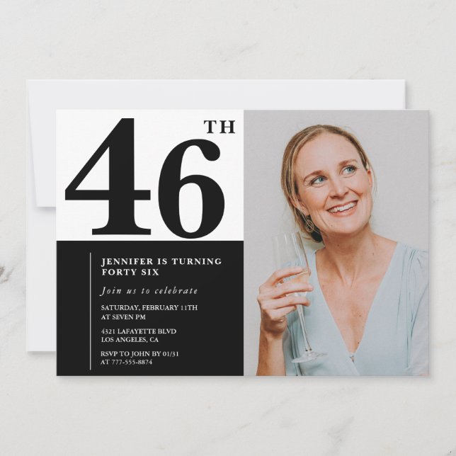 Black White Photo 46th Birthday Invitations (Front)