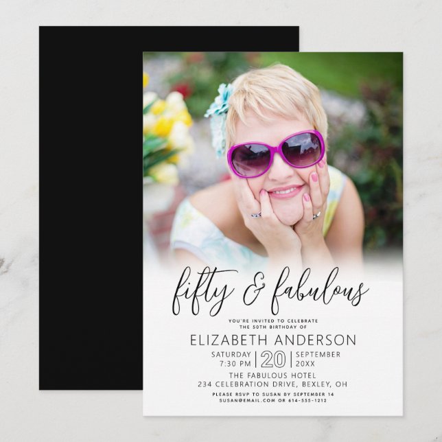 Black White Photo 50 Fabulous Birthday Script Bold Invitation (Front/Back)