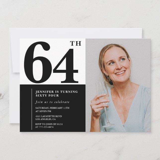 Black White Photo 64th Birthday Invitations (Front)