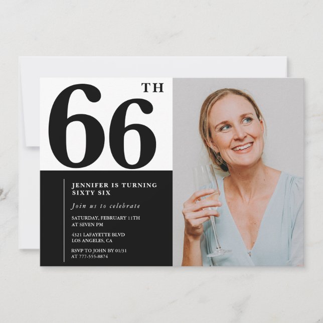 Black White Photo 66th Birthday Invitations (Front)