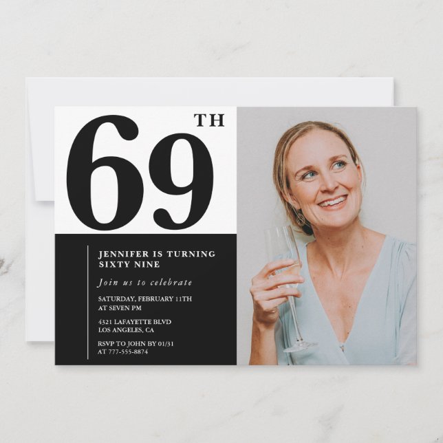 Black White Photo 69th Birthday Invitations (Front)