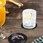 Black white photo birthday party round paper coaster<br><div class="desc">A classic black background.  Personalize and add his name,  age and photo.</div>