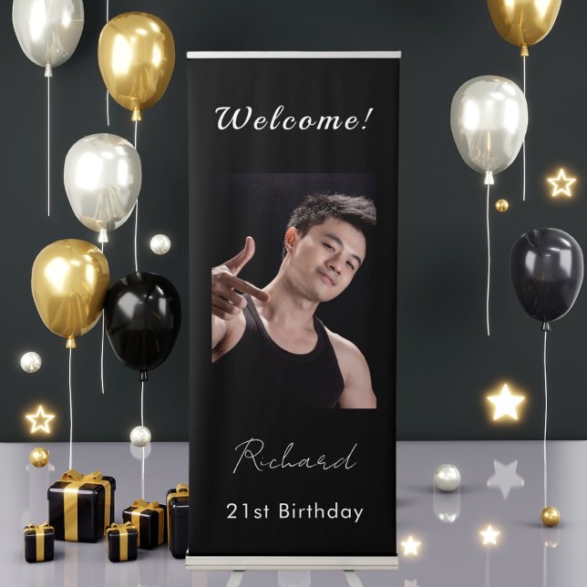 Black white photo birthday party welcome retractable banner (Creator Uploaded)