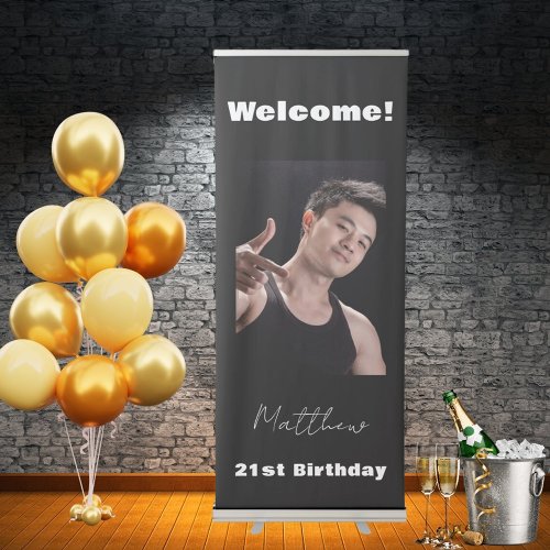 Black white photo birthday party welcome retractable banner