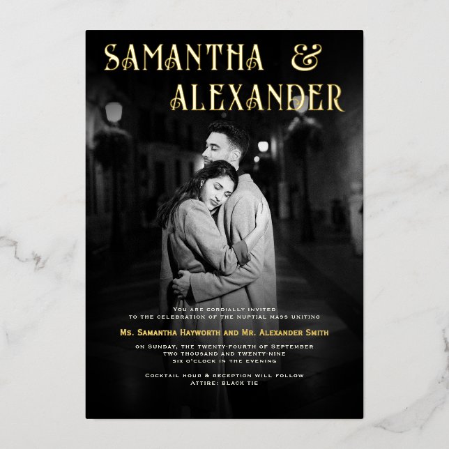 Black & White Photo Catholic Nuptial Mass Wedding Foil Invitation (Front)
