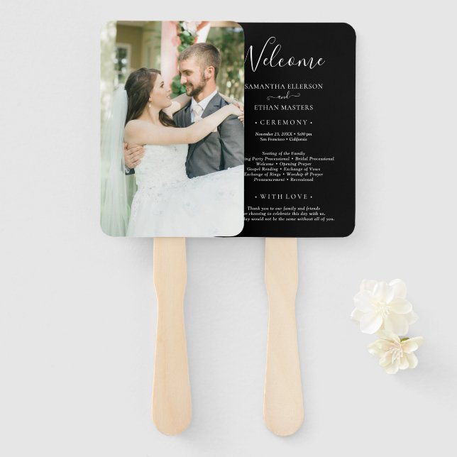 Black & White Photo Classic Custom Wedding Program Hand Fan (Front and Back)