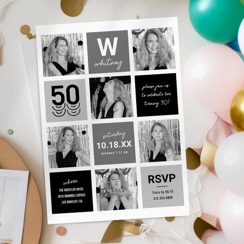 Black White Photo Collage 50th Birthday Invitation