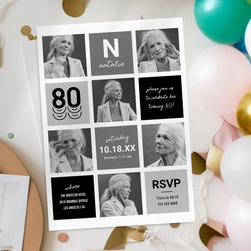 Black White Photo Collage 80th Birthday Invitation