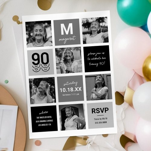 Black White Photo Collage 90th Birthday Invitation