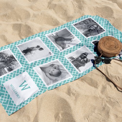 Black  White Photo Collage  Aqua Monogram Beach Towel