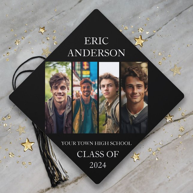Black White Photo Collage Graduation Class of 2024 Graduation Cap Topper (Black and white 4-photo graduation class of 2024 cap topper)