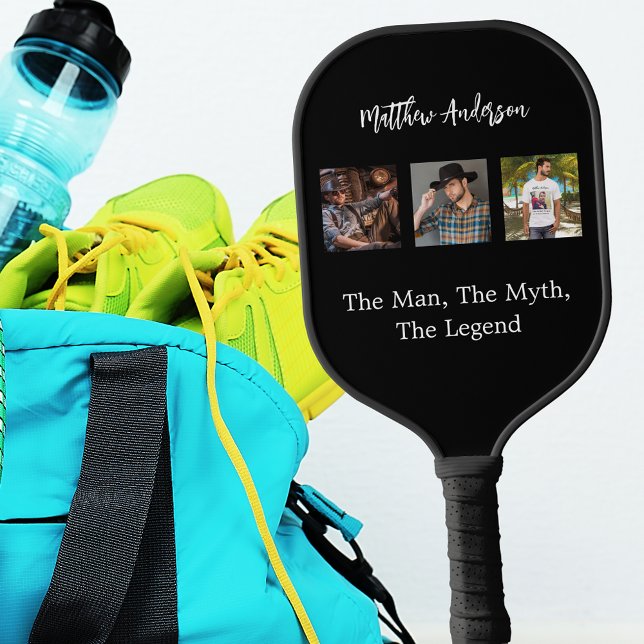 Black white photo collage man myth legend pickleball paddle (Creator Uploaded)