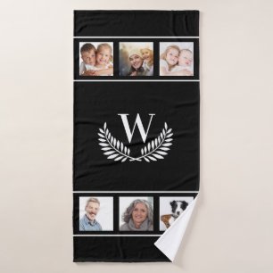 Black white photo collage monogram initial classic bath towel