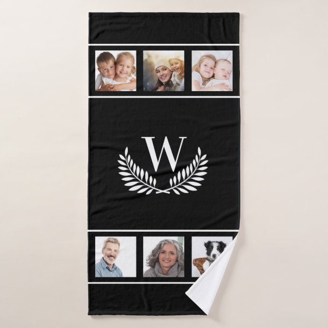 Black white photo collage monogram initial classic bath towel (Bath Towel)
