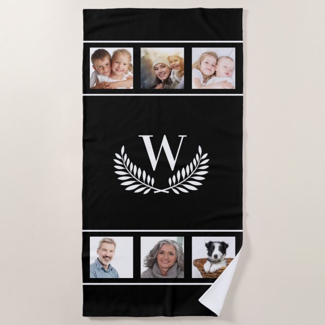Black white photo collage monogram initial classic beach towel (Front)