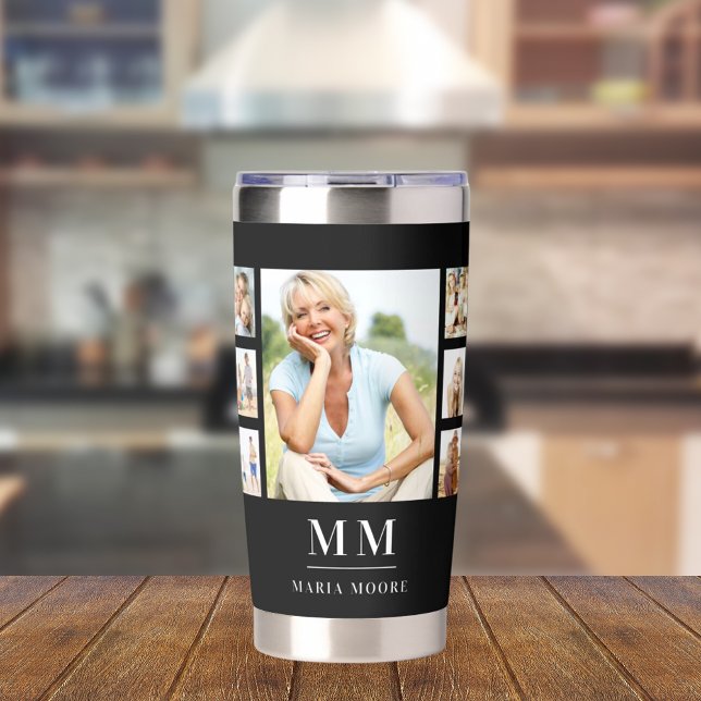 Black white photo collage monogram name insulated tumbler (Creator Uploaded)