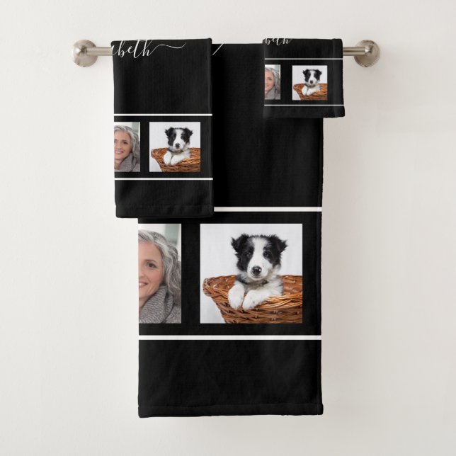 Black White photo collage monogram script Bath Towel Set (Insitu)