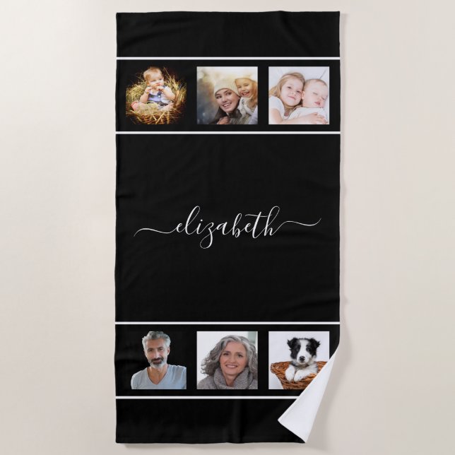 Black white photo collage name script beach towel (Front)