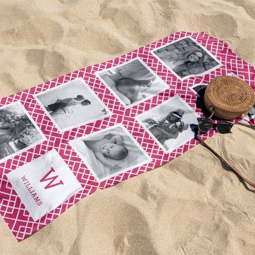 Black  White Photo Collage  Pink Monogram Beach Towel