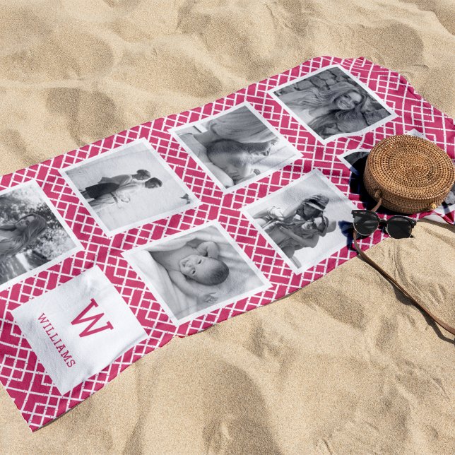 Black & White Photo Collage | Pink Monogram Beach Towel (Creator Uploaded)