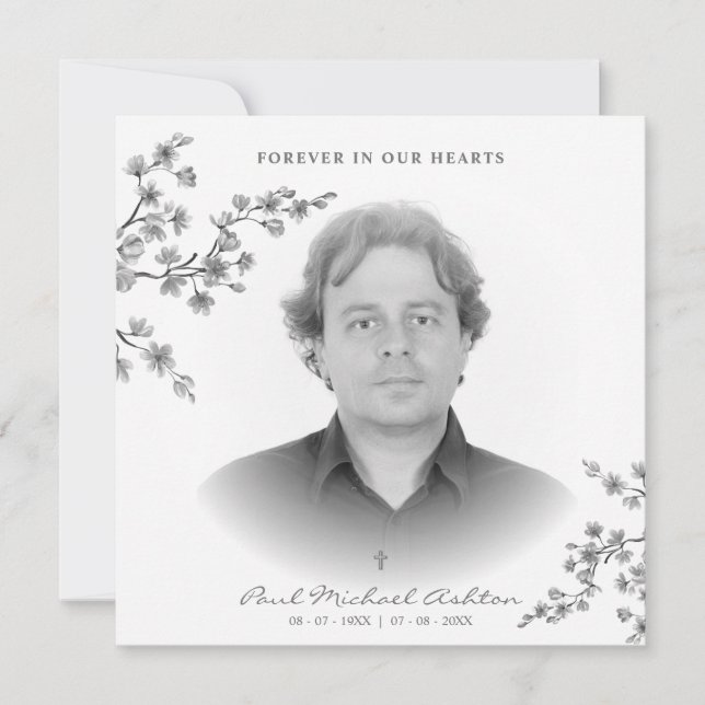 Black & White Photo Commemoration Funeral Service Note Card (Front)