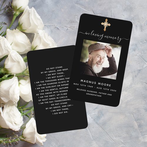 Black white photo cross funeral prayer card