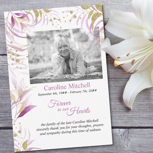 Black  White Photo Delicate Pink and Gold Foliage Thank You Card