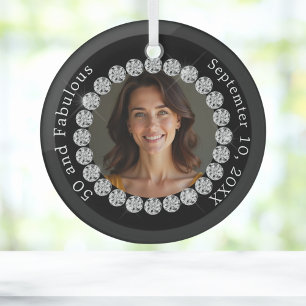 Black white photo diamonds fabulous birthday glass ornament