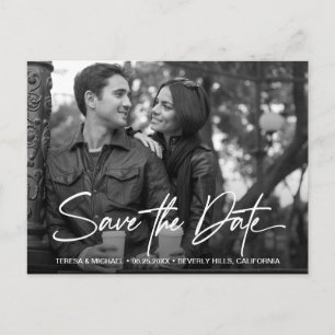 Black white Photo Engagement Save The Date script Postcard