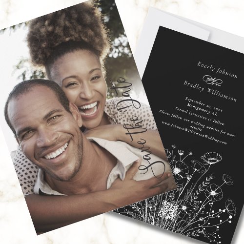 Black White Photo Floral Save the Date Wedding     Invitation