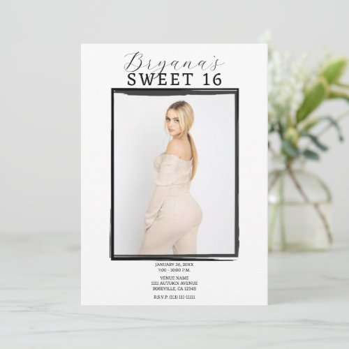 Black  White Photo Frame Trendy Modern Sweet 16 Invitation