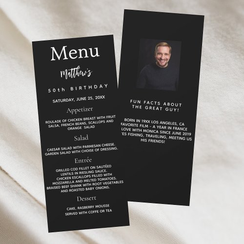 Black white photo fun facts birthday menu card