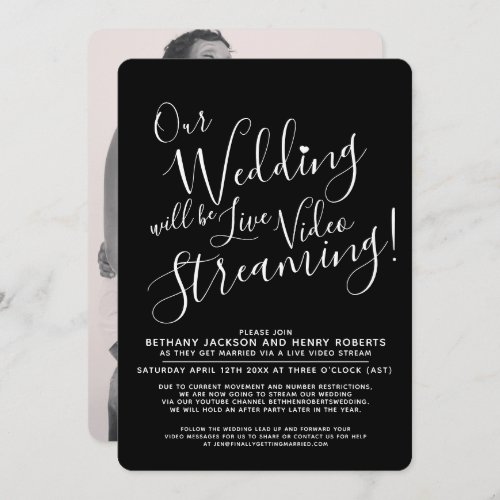 Black white photo live streaming wedding invitation