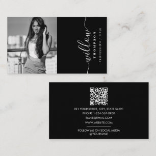Black White Photo Minimalist Script QR Code Business Card
