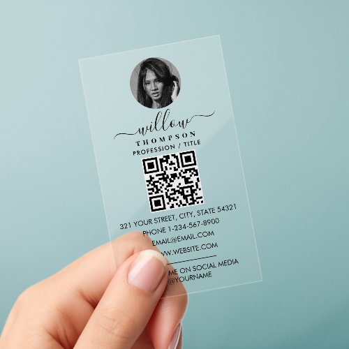 Black White Photo Minimalist Script QR Code Clear Business Cards