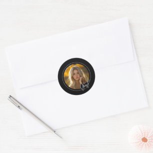 Black White Photo Modern Script Grad Graduation  Classic Round Sticker