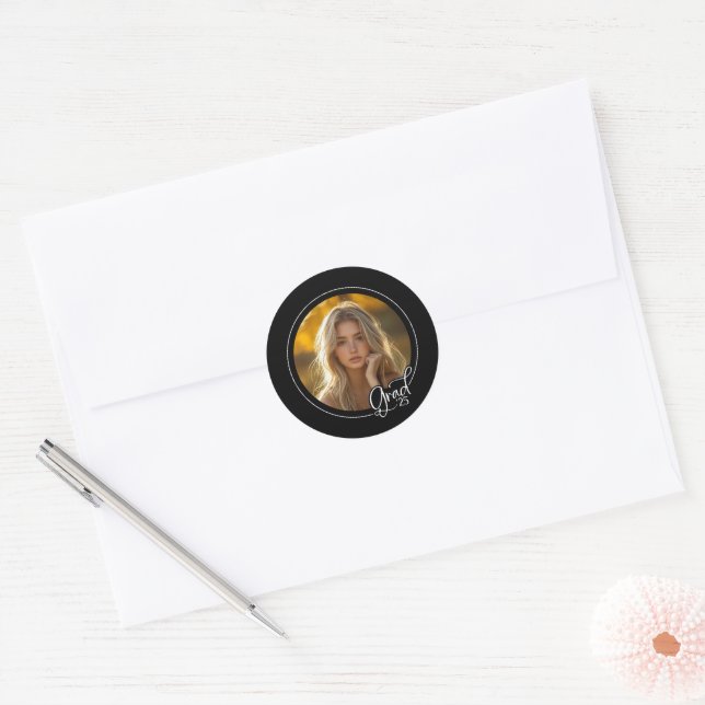 Black White Photo Modern Script Grad Graduation  Classic Round Sticker (Envelope)