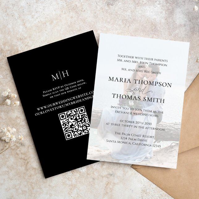 Black White Photo Modern Simple Elegant  Invitation (Simple black and white photo wedding invitation with scannable QR code. )