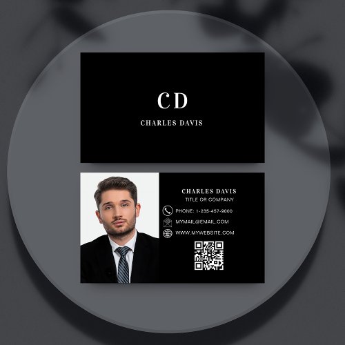 Black white photo monogram Qr code Business Card